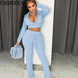 FAGADOER Autumn Winter Solid Color Hooded Tracksuits Women Zipper Long Sleeve Crop Top Skinny Pants Two Piece Sets Outfit 2023