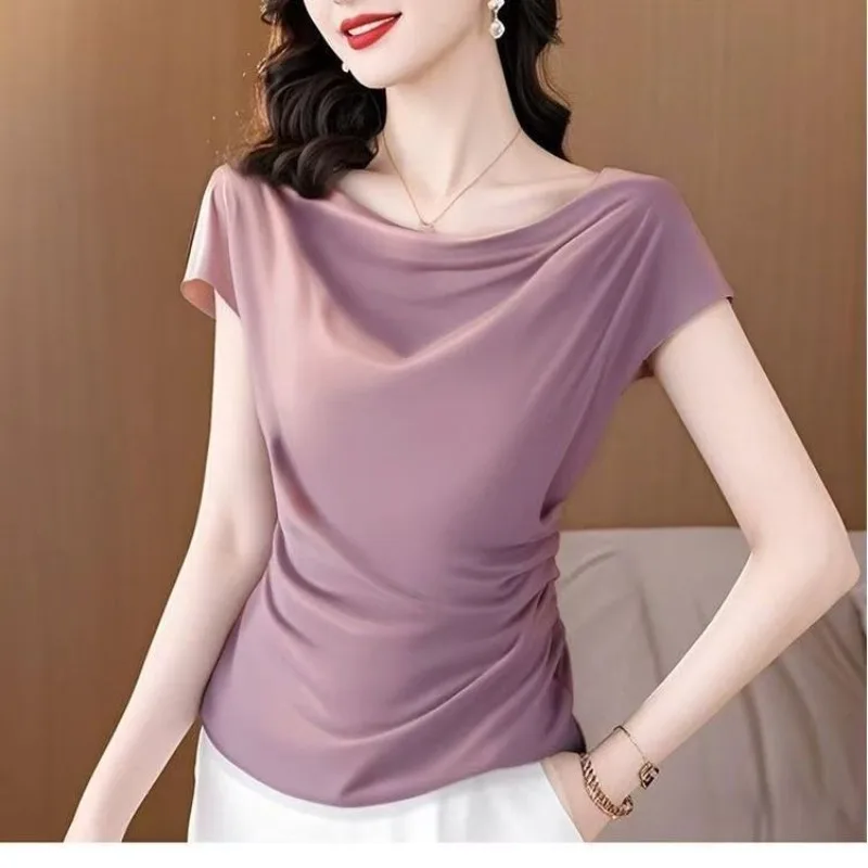 

Women Summer Simplicity Office Lady Solid Color O-neck Short Sleeve Satin Shirts Ladies Fashion Trend All-match Temperament Tops
