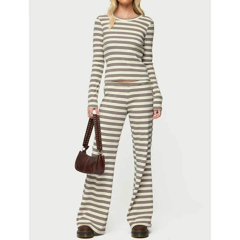 

Женский пижамный комплект, полосатые топы с длинными рукавами и круглым вырезом, широкие брюки с эластичной резинкой на талии, одежда для дома, костюм из 2 предметов