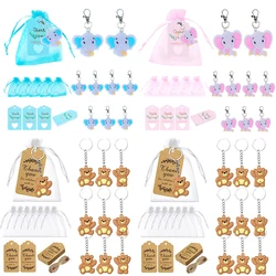 10pcs Pink Blue Bear Elephant Keychain with Organza Bag Baby Shower Return Favors for Boys Girls Babyshower Birthday Supplies