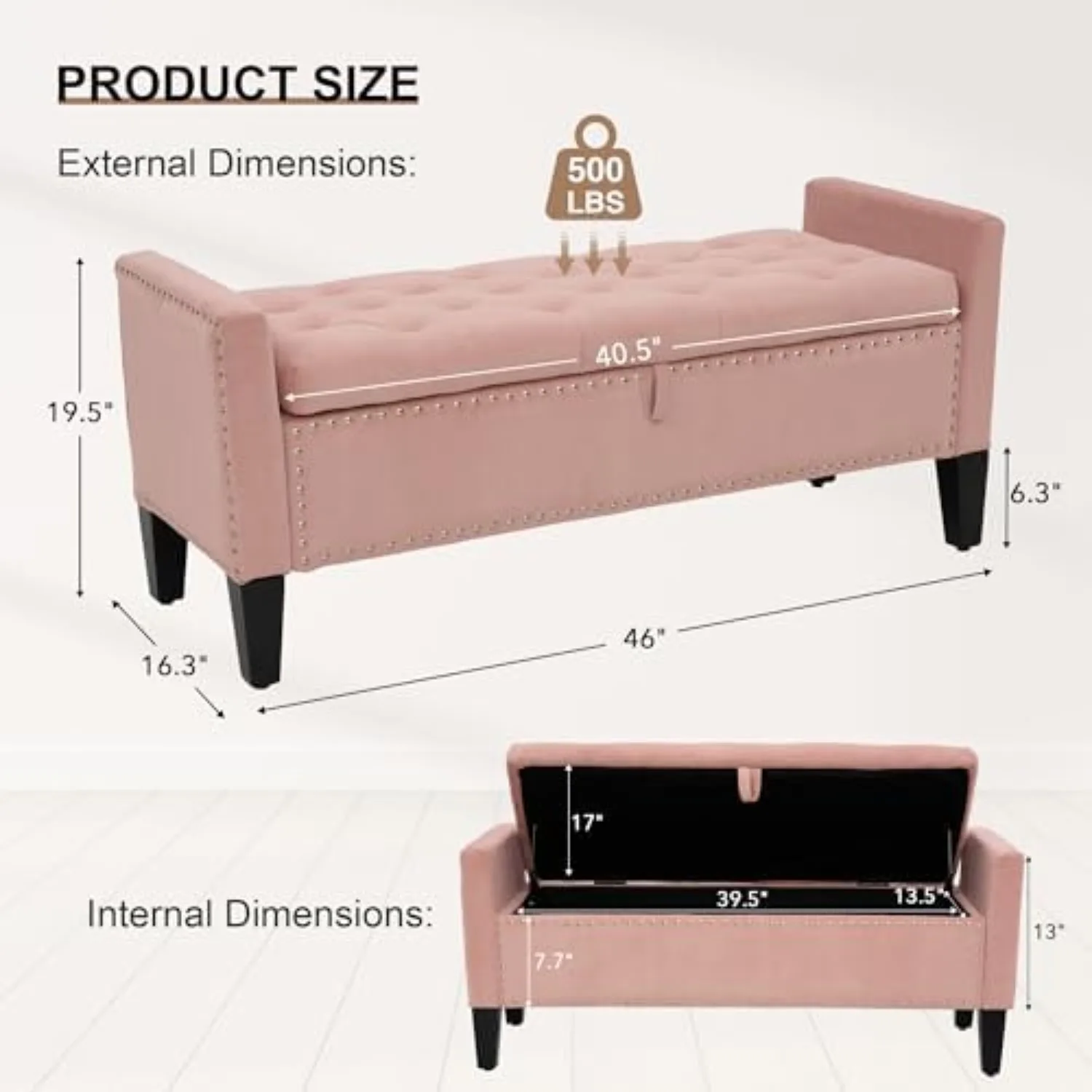 Velvet Ottoman with Storage, 46'' Upholstered Button Tufted End of Bed Bench with Arms, Modern Storage Bench for Living