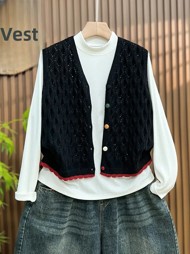 

Модный вязаный тонкий жилет с вырезами, женский свободный топ большого размера, хлопковый повседневный повседневный жилет с v-образным вырезом