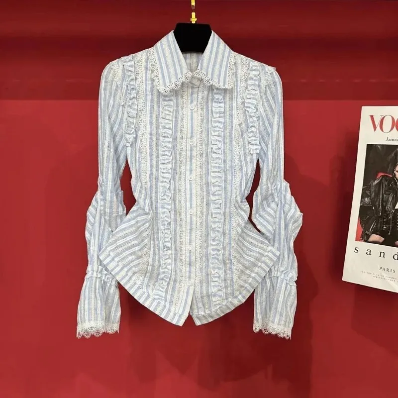 

College Style Korean Style Design Splicing Striped Long-sleeved Shirt for Women Autumn New Fashion Versatile Top