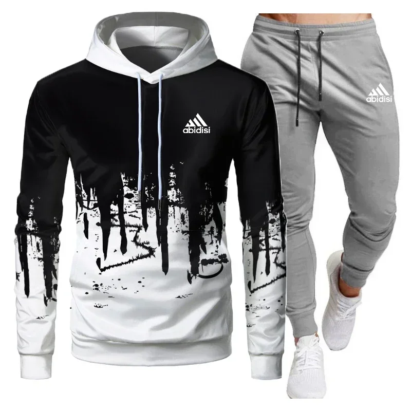 2024 Male foam 3D splash-ink hoodie and pants running 2-piece set, thick sportswear, Spring and Autumn, New fashion,