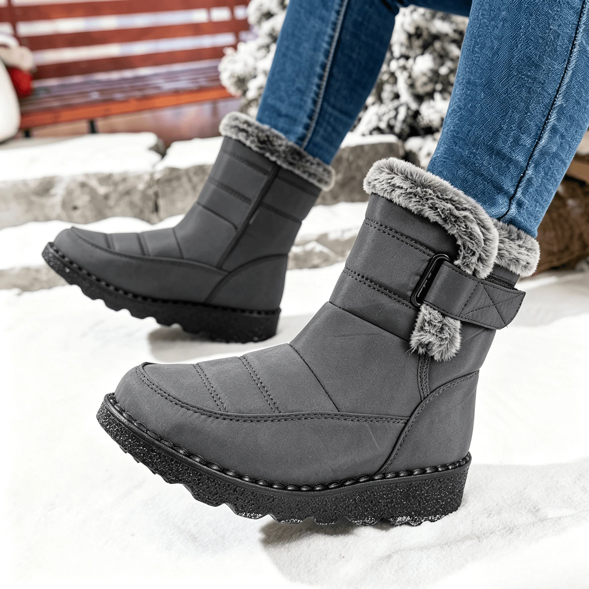 Damen Winter Pelzige Plateau-Schneestiefel 2026 Trend Wadenlange Winterstiefel Wasserdicht Rutschfest mit Schnalle Warm Flauschig Outdoor – Detail 12