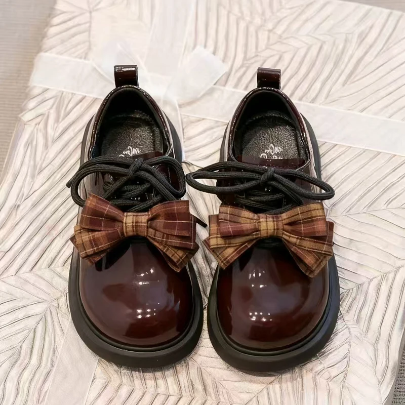 Girls Bowknot Patent Leather Mary Jane Shoes Kids Chunky Sole Lace Up Loafers Fashion Casual Flats For Girls 3-14 Years