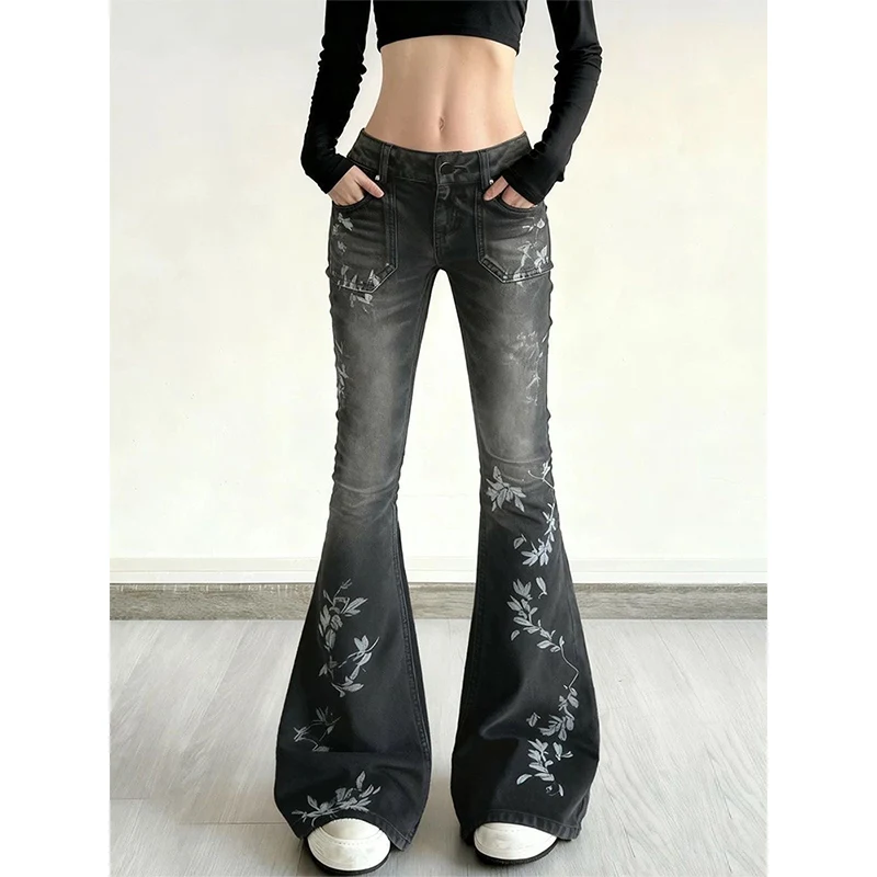 

Женские узкие джинсы Dark Academia с винтажным принтом, уличная одежда Abi Y2k, джинсовые брюки в стиле Харадзюку, брюки-клеш в американском стиле ретро, гоблин