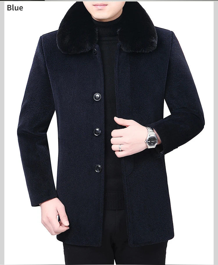 Inverno uomo collo in pelliccia sintetica manica lunga cappotto di lana abbottonato caldo spesso giacca Oversize 3xl 4xl blu grigio Casual giacca a vento