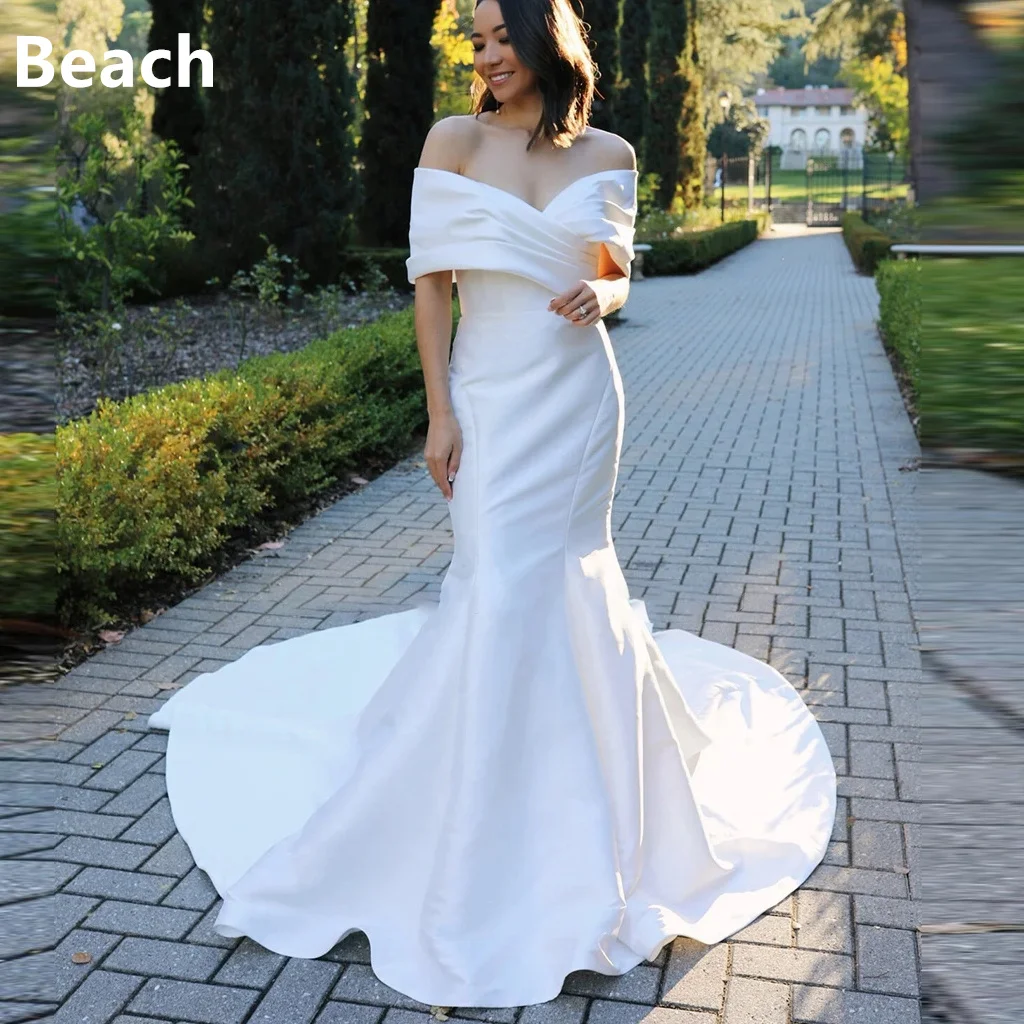 

Beach Customized Trumpet Dress Bride Gown Backless Off Shoulder Solid Color Wedding Dresses for Women Court Train فستان الزفاف