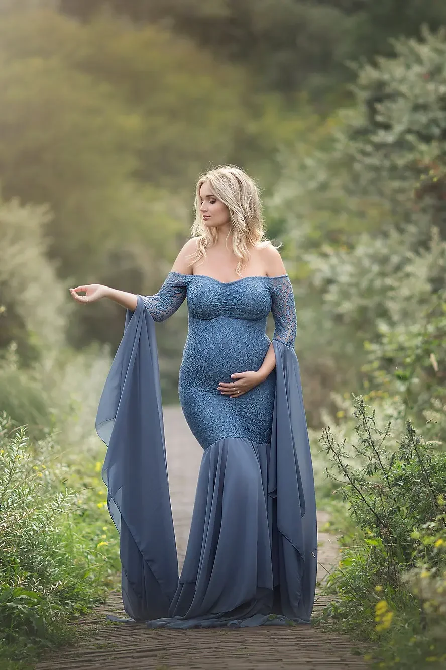 

Fashion Maternity Dress for Photo Shoot Maxi Maternity Gown Long Sleeves Lace Stitching Fancy Women Maternity Photography Props