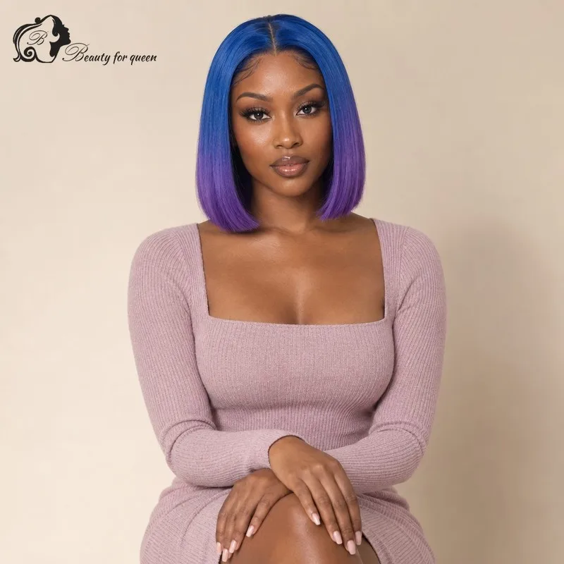 Blue Purple Ombre Straight Lace Front Wig Short Glamorous Shiny Lustrous Fluffy Heat Friendly Deep Middle Part Pro 180 Density