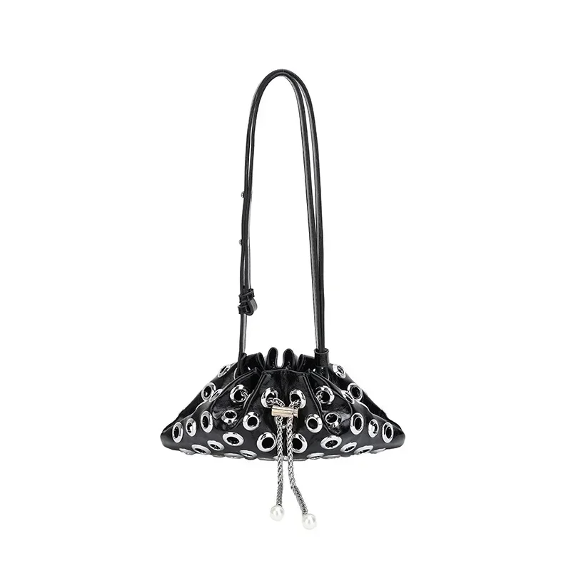 

2025 Women's Punk Rivet Bucket Bag - Gothic Hollow-out Crossbody Shoulder Bag with Drawstring Design for Trendy Daily Use
