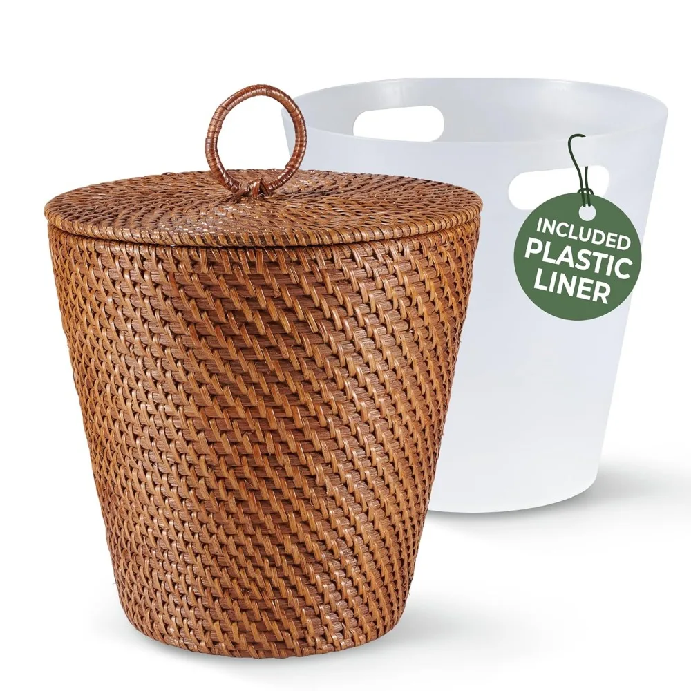 

3 Gallon Rattan Trash Can with Lid and Liner - Stylish Wicker Bin for Bathroom, Bedroom, Kitchen