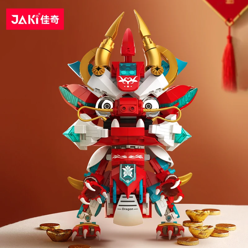 

Jaki National Tide Beast Zodiac Dragon Red Flame Mecha Dragon Tide Play Assembling Building Blocks New Year Gift Hand-Made