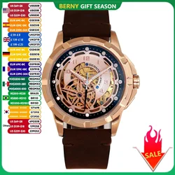 BERNY Luxury Men Watch Super Luminous Skeleton Retro Mechanical Watches Automatic Self-Wind Classic Vintage Strap Wristwatches