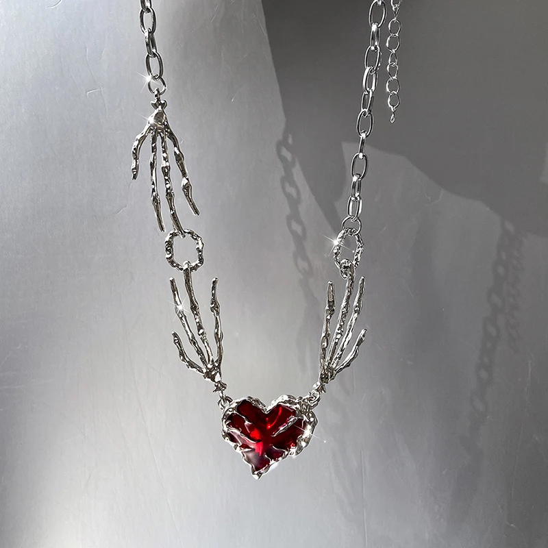 Gotische Totenkopf-Klauen-Herz-Halskette für Frauen, trendiger roter Kristall, Dornenliebe, übertrieben, dunkle Halsreifen, Accessoires, Modeschmuck – Detail 7