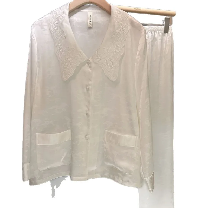 2025 Autumn Winter Luxury Ice Silk Pajamas Women Two Piece Set Doll Collar Jacquard Long Sleeve Pant Classic Sleepwear Nightwear