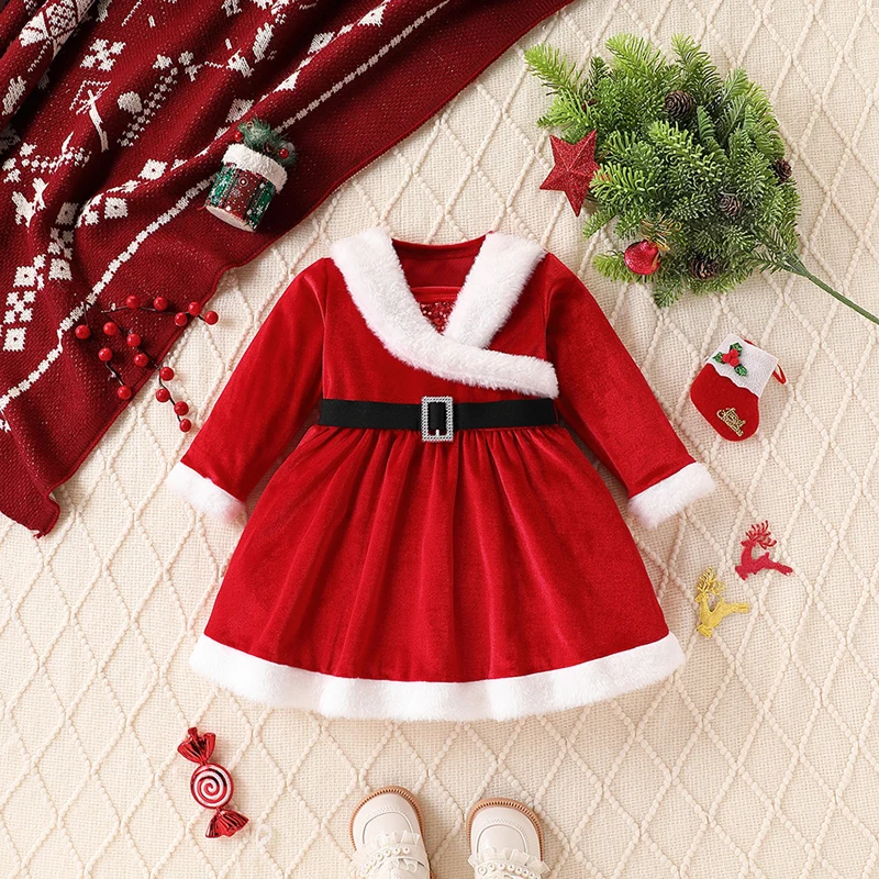 

Suefunskry Little Girls Christmas Dress Santa Claus Terry Trim Long Sleeve V-Neck with Belt decorationA-Line Dress for Party