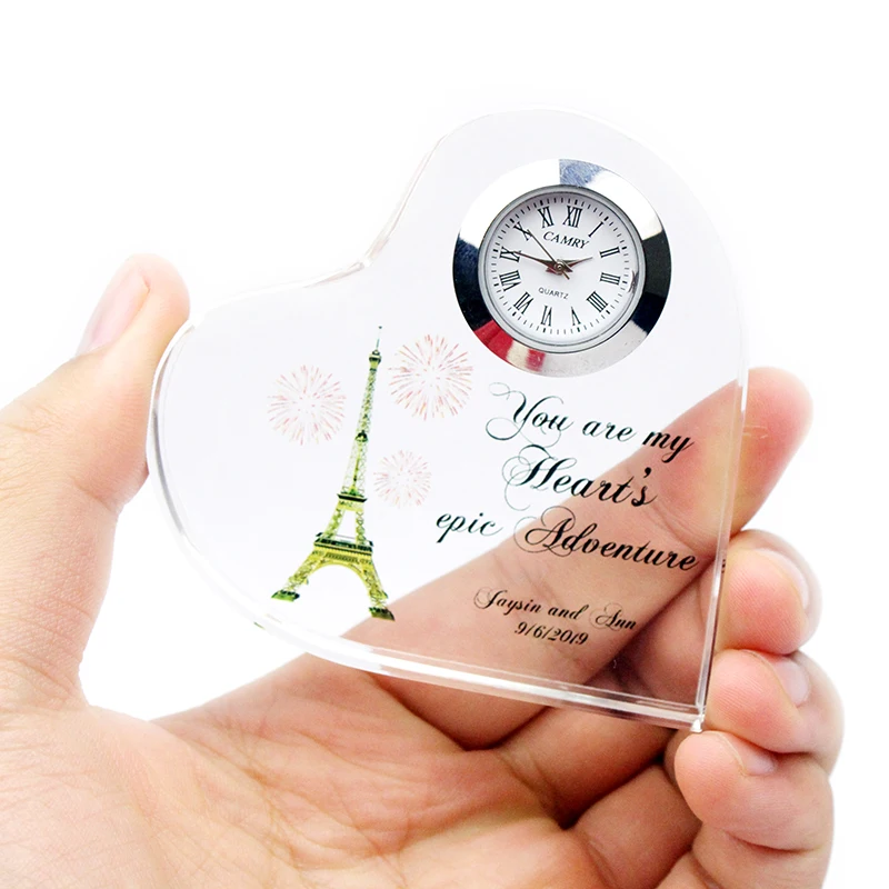 Free shipping 50 pcs/lot Customized Image printing personality Crystal Glass Heart Shape Wedding Clock Favor Gifts