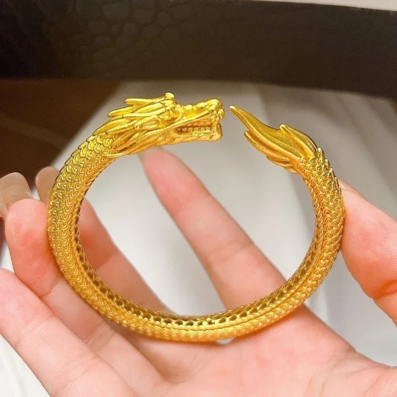 

Handmade Brass 18K Real Gold-plated Dragon and Phoenix Bracelet Chinese Zodiac Loong Copper Golden Bangles Blessing Wedding Gift