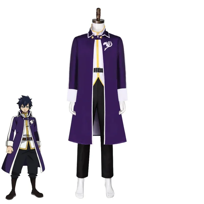 CyAnime FAIRY TAIL Gray Fullbuster Cosplay Costume Purple Long Coat T-shirt Combat Uniform Wig Adult Man Halloween Carnival Suit