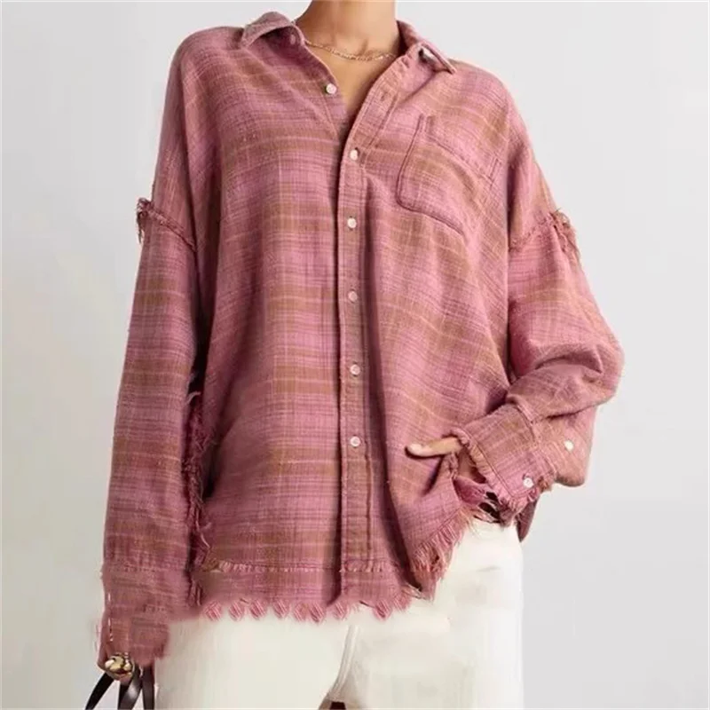 

Women's shirt New retro pure cotton lapel long sleeved top for summer 2025 Worn-out plaid shirt Couple style loose thin coat y2k