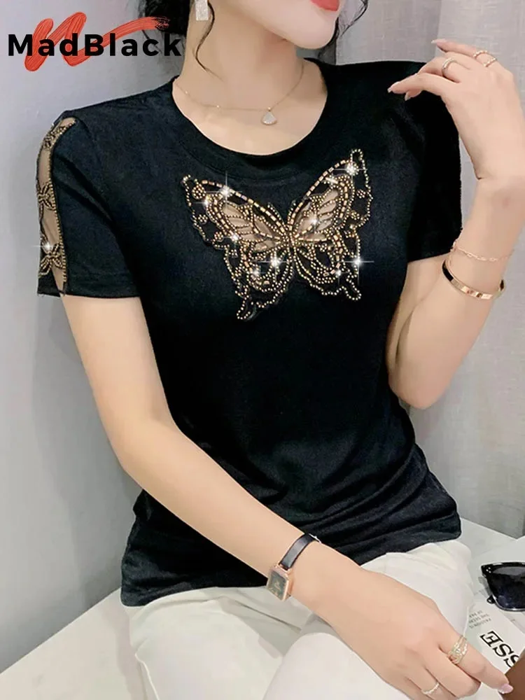 Clearance Summer T-Shirt Chic Sexy O-Neck Hollow Out Bowknot Beading Diamonds Women Tops Short Sleeve Hand Make Tees