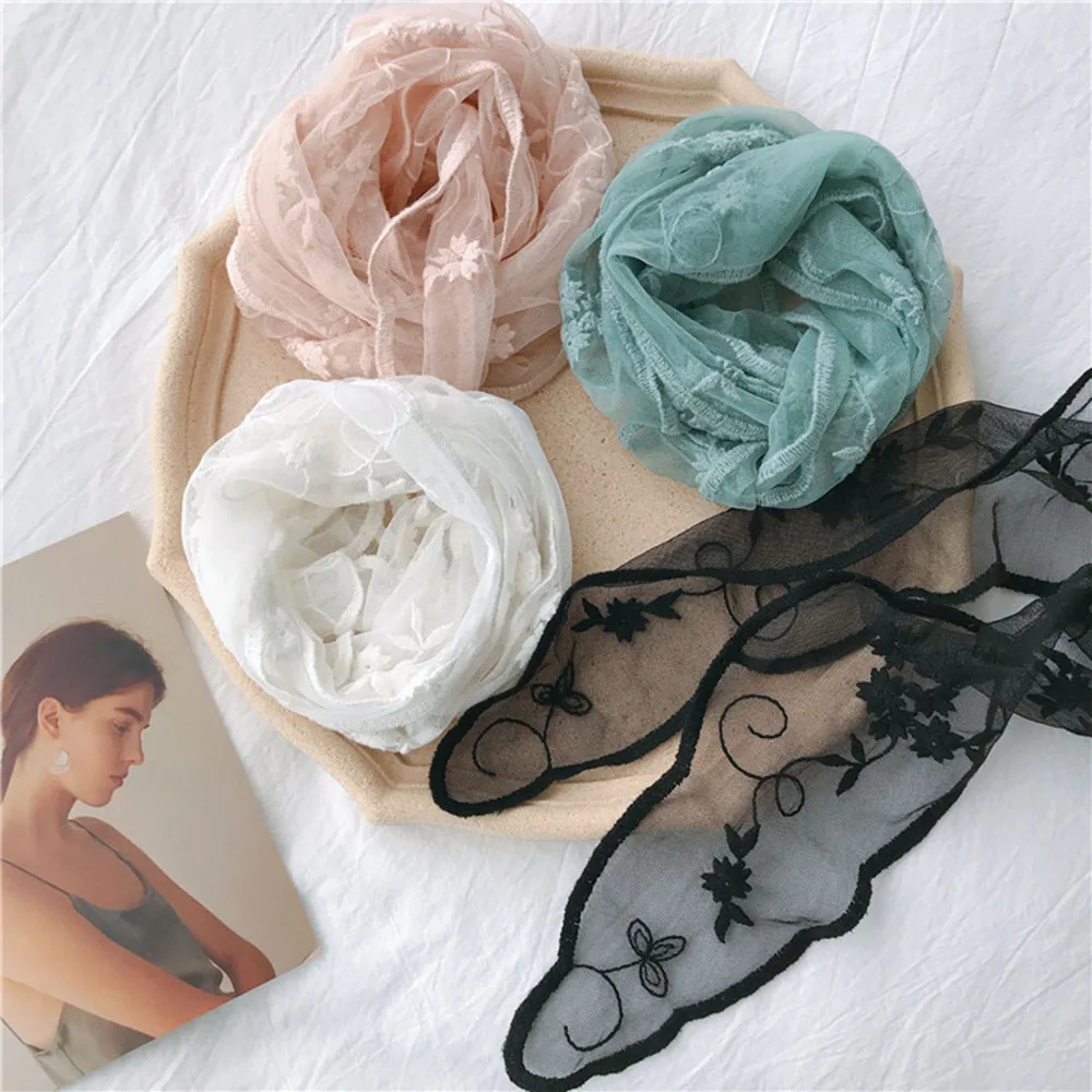 Long Silk Scarf  Flower Lace Embroidered Scarf Solid Color Scarves Hair Band Belt Lace Small Shawl Transparent Gauze Headscarf
