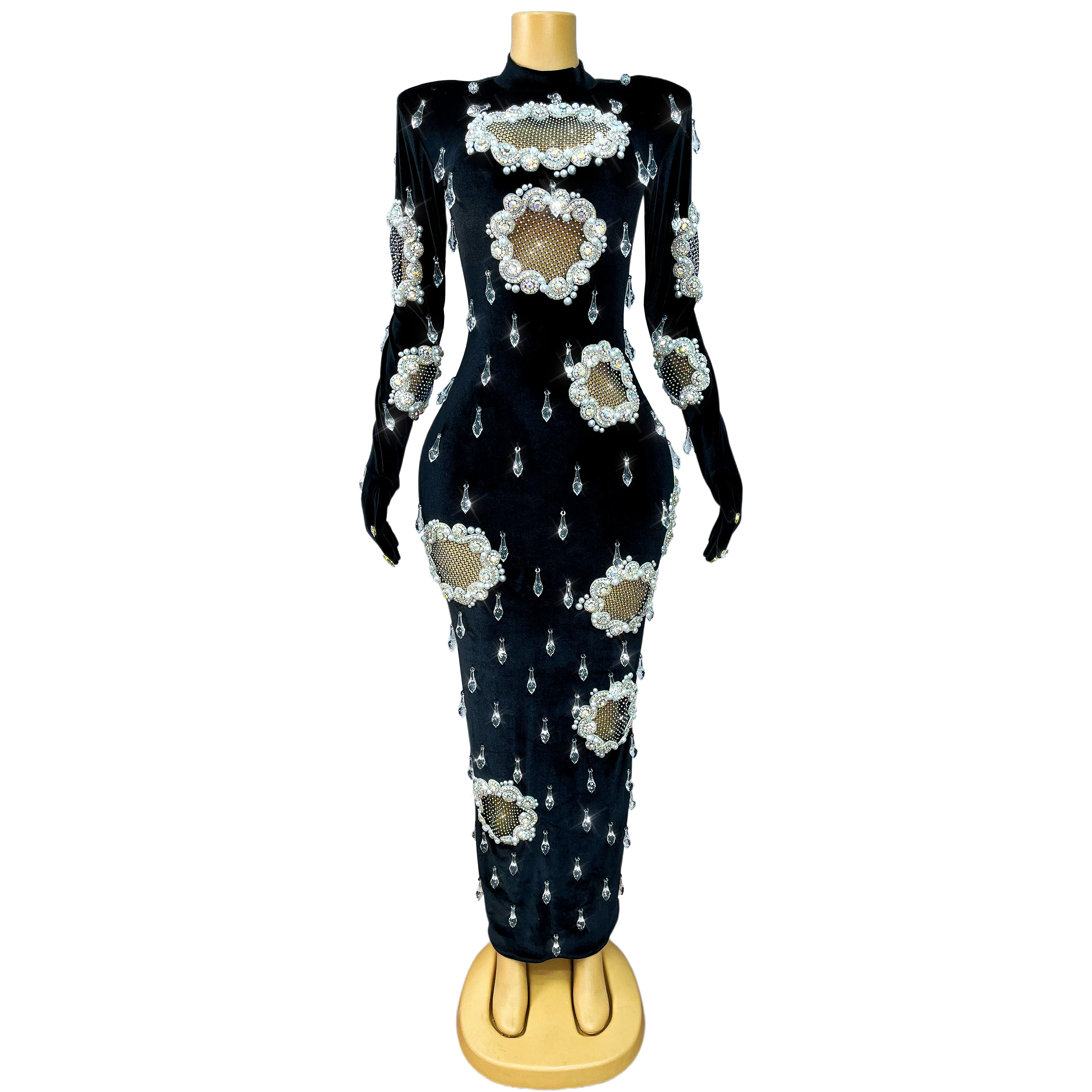 High-end Designed Twinkling Crystals Pendant Trim Fit Velvet Dress Women Evening Cocktail Party Gown Red Carpet Show Outfit Xiao view 2