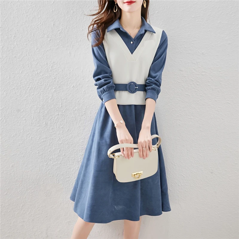 Women\'s Rib Knit Vest Patchwork Belt Chic Elegant Party Dresses Korean Fashion Office Lady Long Sleeve Slim Midi Dress Vestidos