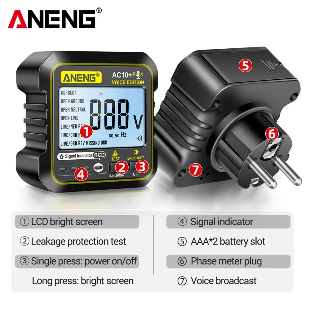 ANENG AC10 Socket Tester Plug Detector Zero Line Plug Polarity Phase Check Phase Detector US/EU Plug Multimeter Digital Tester