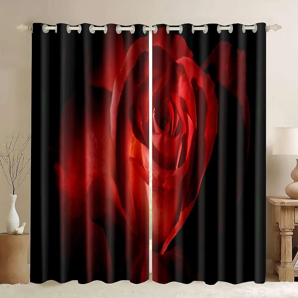 Rose Window Blackout Curtains,Red Rose Romantic Advanced Black Background Curtain,Valentine's Day Gift For Girls Window Curtains