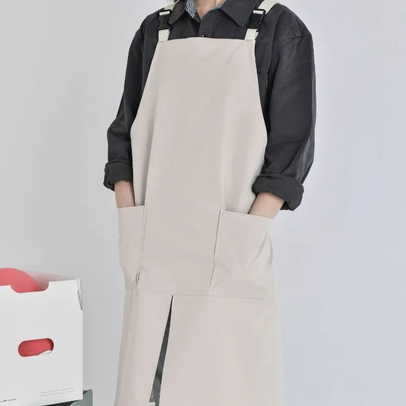 Solid Color Adjustable Double Shoulder Strap Pocket Korean Japanese Style Simple Canvas Apron Restaurant Work Apron