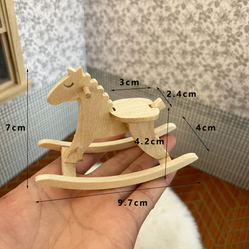 1Pc 1:12 Dollhouse Miniature Cute Wooden Trojan Horse Rocking Horse Chair Can DIY Graffiti Coloring Model Decor Toys Accessory