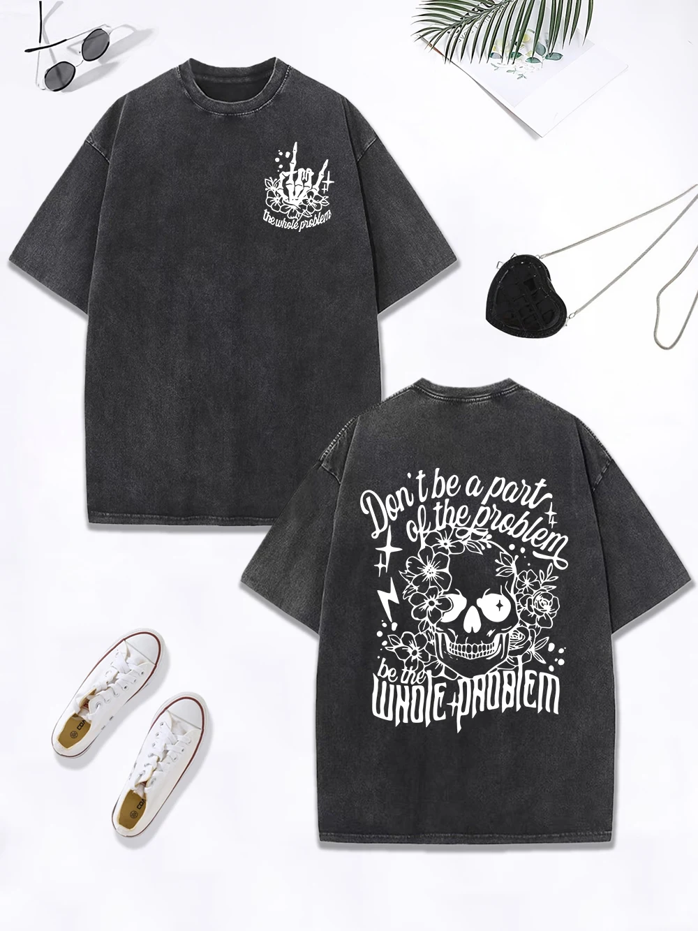 

Personality Skull And Flower Printing Washed T-Shirts Womens Cotton Oversized Tops O-Neck Comfortable T Shirts Summer Clothes