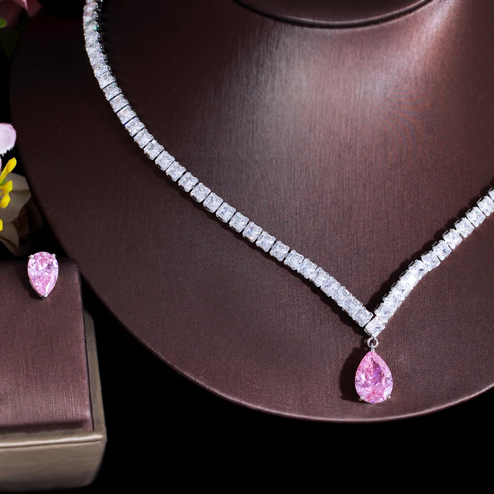 CWWZircons Elegant Shiny Pink Cubic Zirconia Water Drop Wedding Engagement Party Necklace Bridal Jewelry Sets Accessories T729