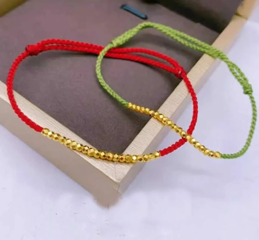 

Solid 24K Yellow Gold Bracelet Handmade 2mm Beads red String Bracelet 1pcs
