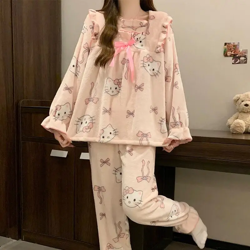 2025 meninas outono e inverno pijamas flanela conjunto grosso doce bonito dos desenhos animados confortável quente manga comprida pulôver roupas para casa