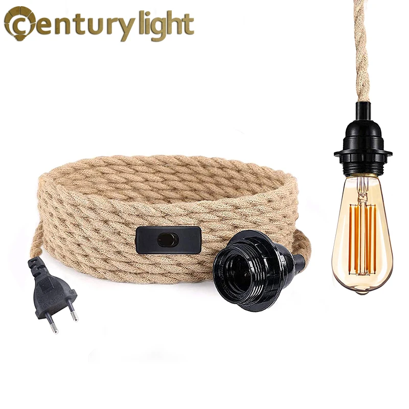 2m 3 estilo do vintage corda de cânhamo luz pingente kits cabo plugue da ue interruptor e27 suporte da lâmpada para simples pendurado decoração da