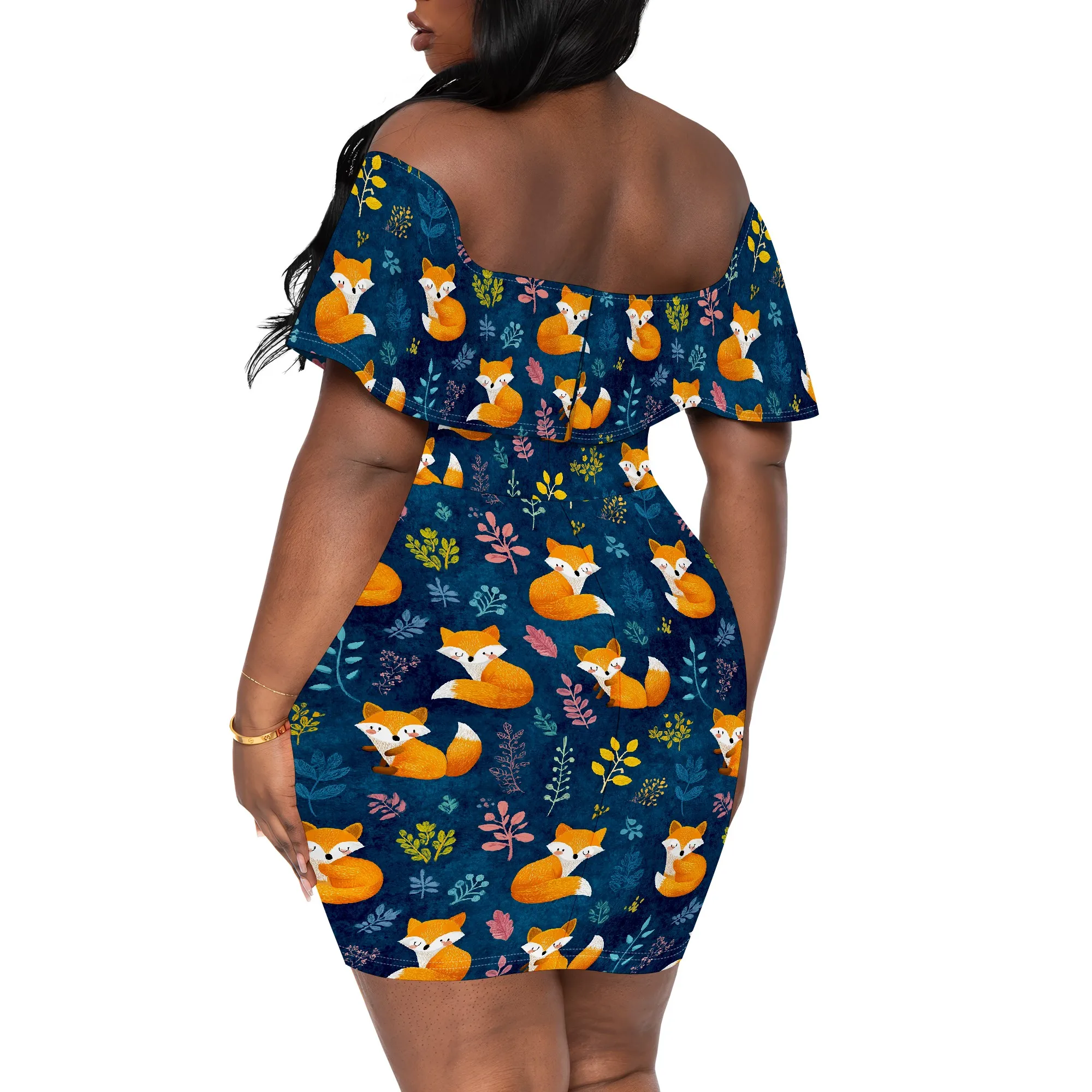 Cute Fox Print Off Shoulder Dress for Women S-3XL 2025 New Arrival Casual Pocket Bodycon Mini Dress – Daily & Picnic Look