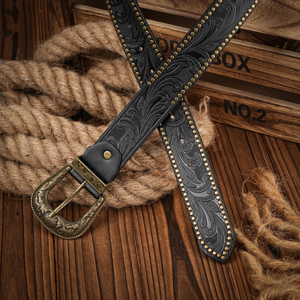Men & Women-Western-Cowboy-PU Leather-Belts - Vintage horse Belt Floral Engraved Buckle Belt for Jeans