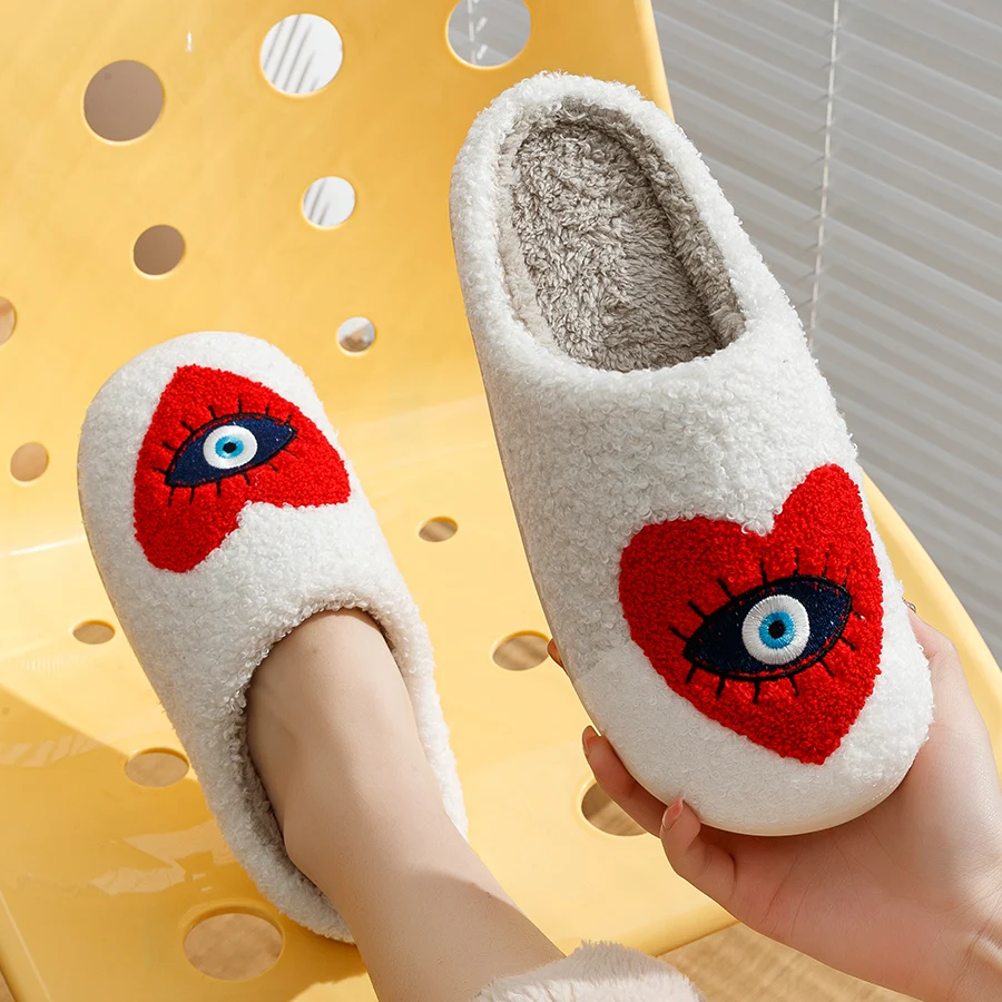 Home Women Slippers Evil Eye Embroidery Fuzzy Winter Indoor Anti Slip Comfort Slipper Leisure Bedroom Warm Soft Cotton Shoes