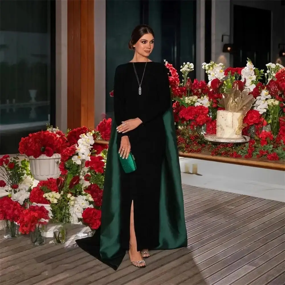 

Customized Temperament Satin Crystal Evening Dress High Quality Long Sleeves Crew neck Floor Length Bespoke Occasion Gowns