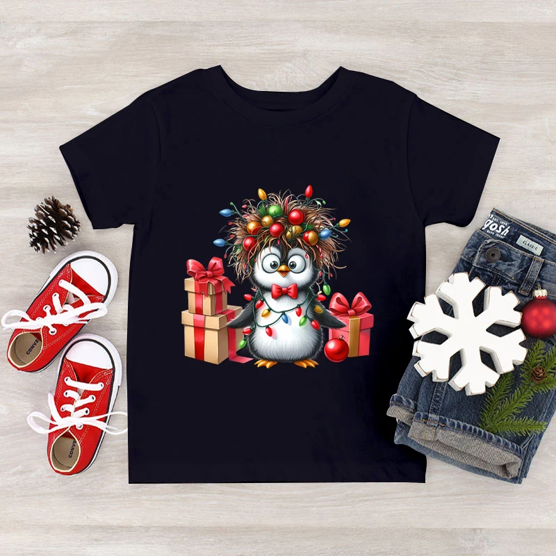 Short Sleeve Christmas Penguin Tops Tees Fashion Casual Crew Neck Kids T-shirts Funny Cartoon Penguin Xmas Tshirt for Boys Girls