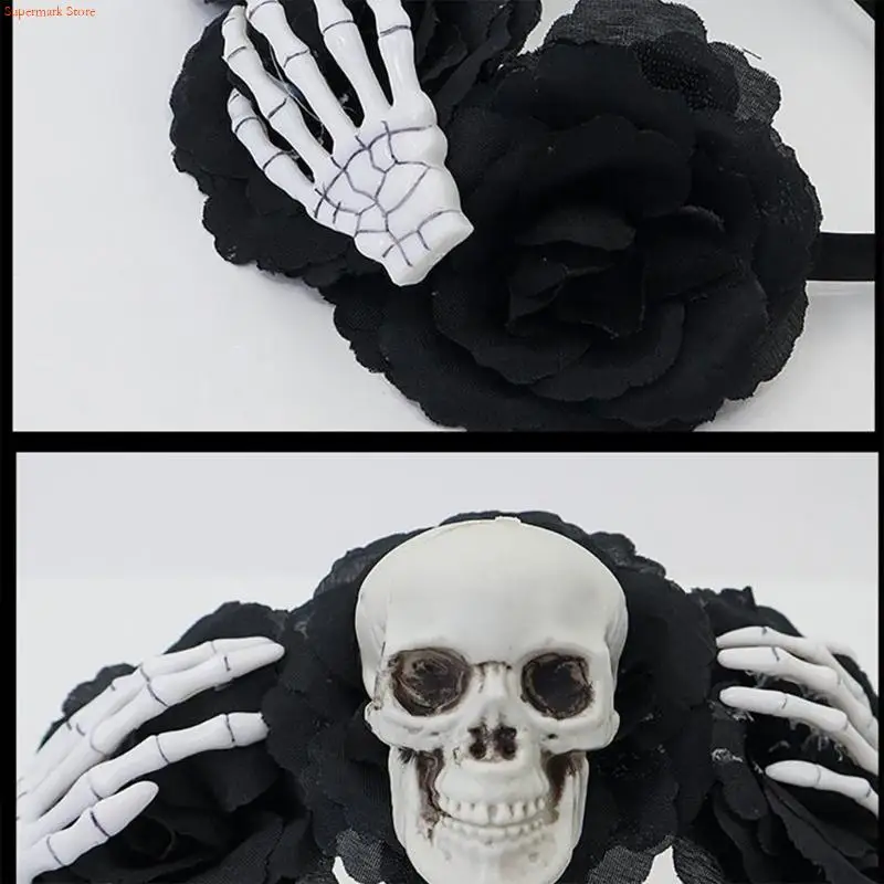 Q5WE Spooky Skull Hairband With Simulation Flowers Halloween Costume Decoration