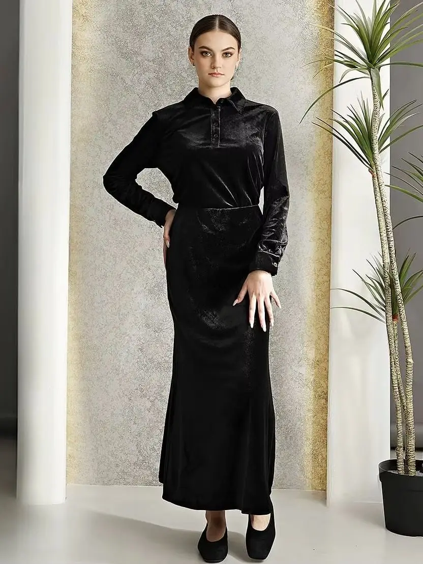 2025 Mail's Woman Black Velvet Clothes Long Sleeve Shirt+Maxi Skirt Autumn Winter Fashion Outfits