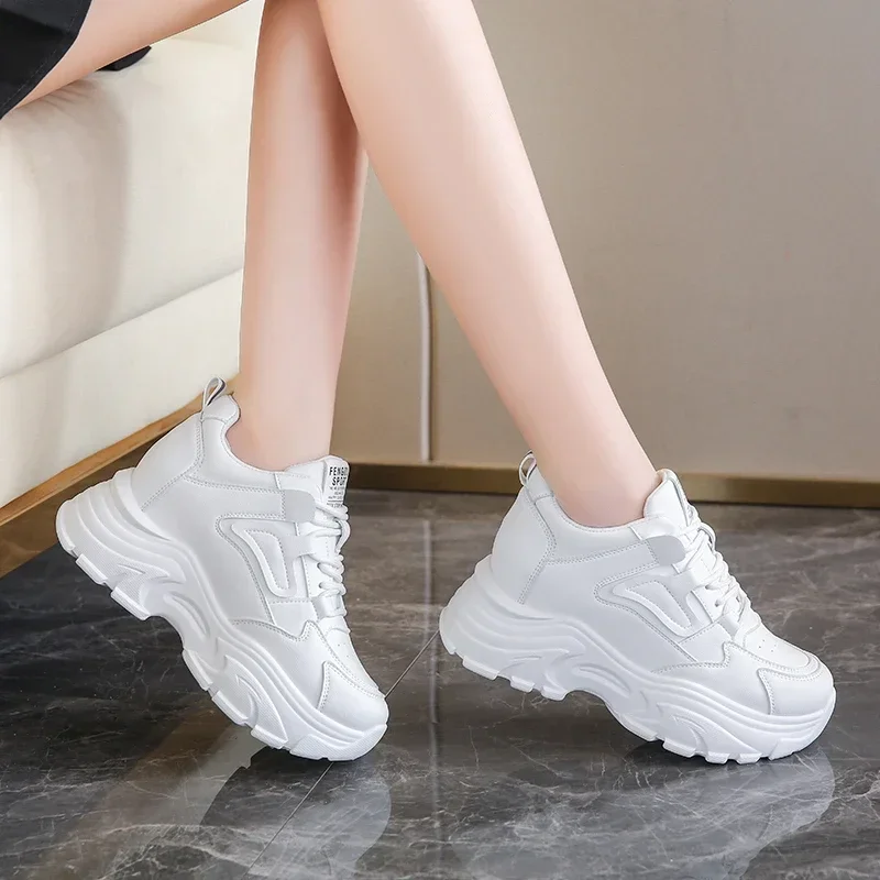 White Platform Women's Sneakers 2025 Autumn Lace-Up Thick Bottom Sports Shoes Woman Pu Leather Breathable Walking Shoes Female image 3