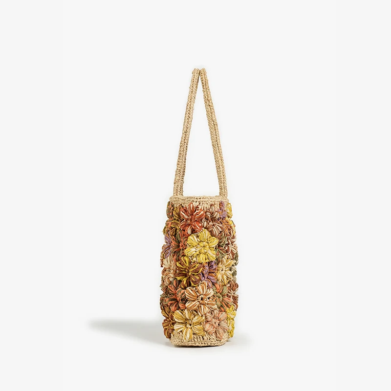 BEAUTODAY Tote Bags Women Raffia Mixed Color Woven Square Flowers Decoration Interior Slot Pocket Ladies Bags Handmade 62171
