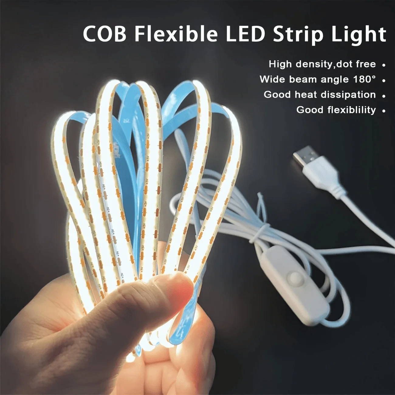 LED COB Strip Light, Flexible Ultra-Thin Tape Light 320 LEDs/M, Uniform Dotless LED Light for Office, Bedroom, Kitchen, Cabinet