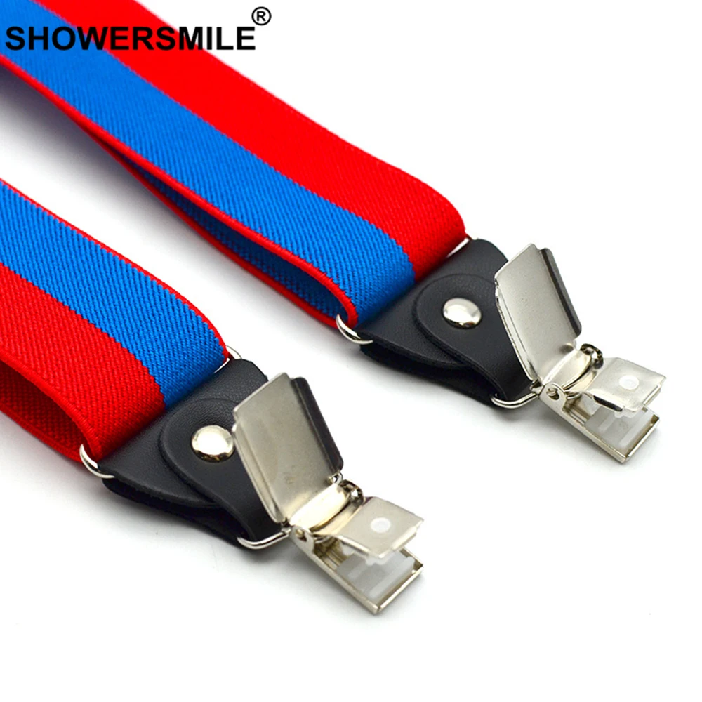 Showersmile Suspender Dewasa Elastis Bergaris Celana Tali Merah Putih Mens Kawat Gigi Berwarna-warni 4 Klip Fashion Wanita Tali Selempang 120 Cm